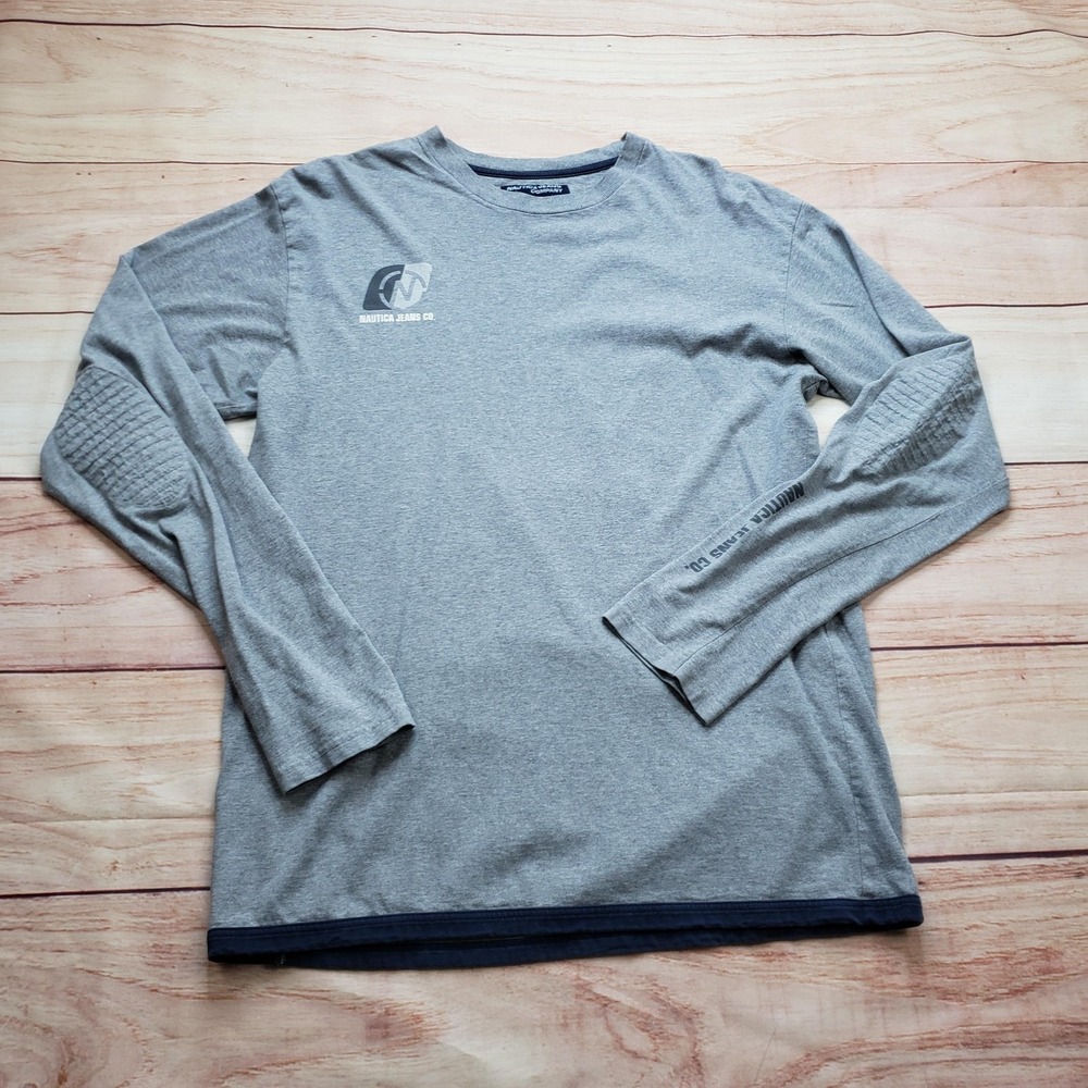 Nautica Jeans Company‎ Shirt Mens M Gray Logo Long Sleeve Elbow Patch Casual